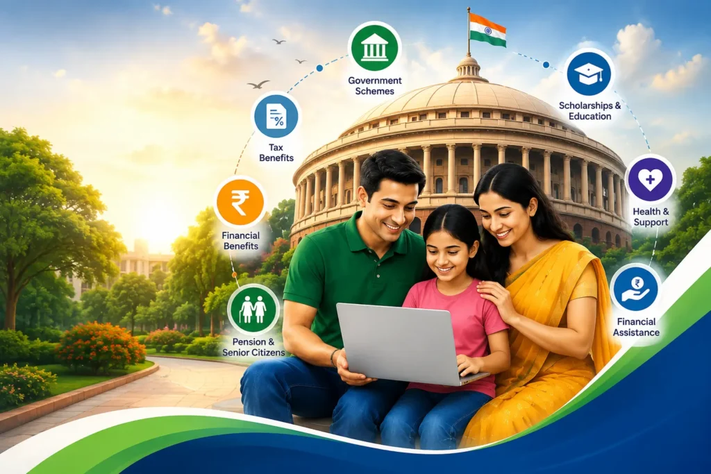 Indian family exploring government and financial benefits online with the Indian Parliament and benefit category icons in the background.