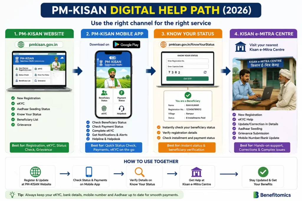 PM-KISAN website mobile app Kisan e-Mitra and status checking workflow