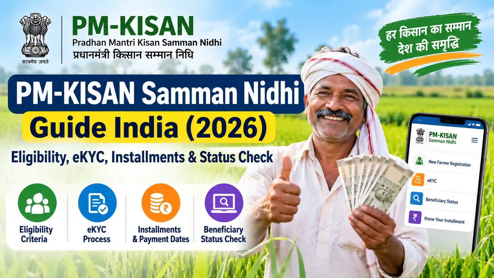 PM-KISAN Samman Nidhi Guide India 2026 covering farmer eligibility, eKYC, ₹6,000 annual installments and beneficiary status check