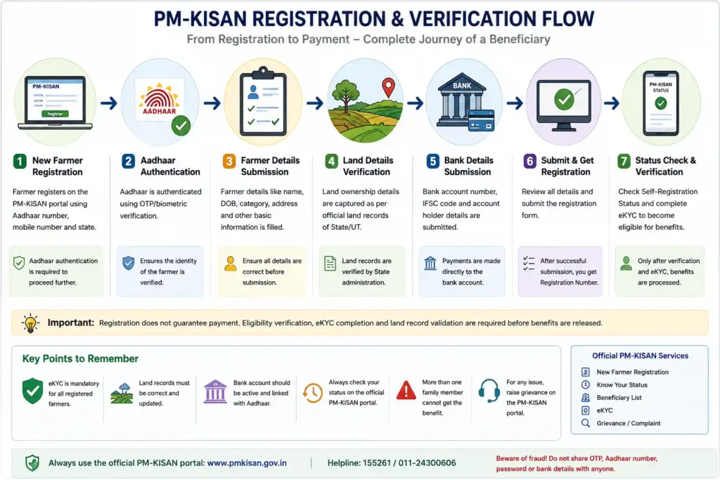 PM-KISAN registration and verification flow from Aadhaar authentication to farmer details, land verification, bank details and status check