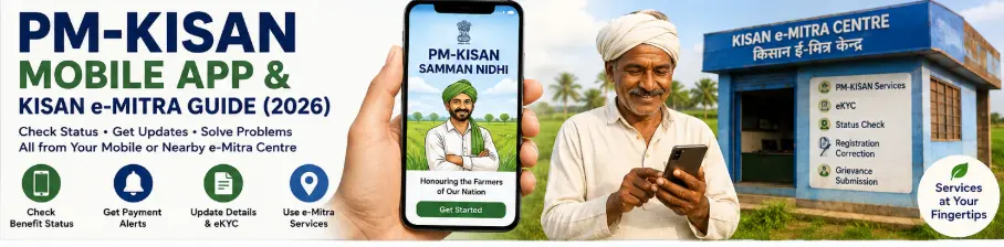 PM-KISAN Mobile App and Kisan e-Mitra guide showing beneficiary status, payment status, eKYC, detail updates and farmer assistance in 2026.