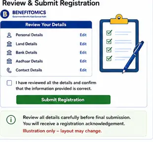 PM-KISAN review and submit registration process showing personal, land, bank, Aadhaar and contact details