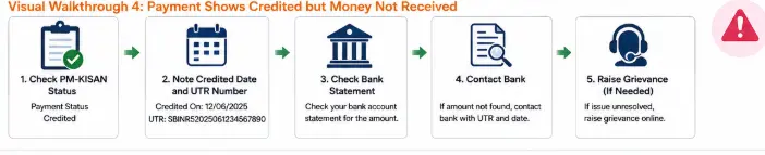 PM-KISAN payment credited but money not received showing UTR and bank statement checks