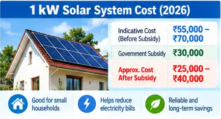 1 kW solar system cost in 2026 with PM Surya Ghar subsidy