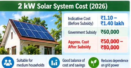 2 kW solar system cost in 2026 with PM Surya Ghar subsidy