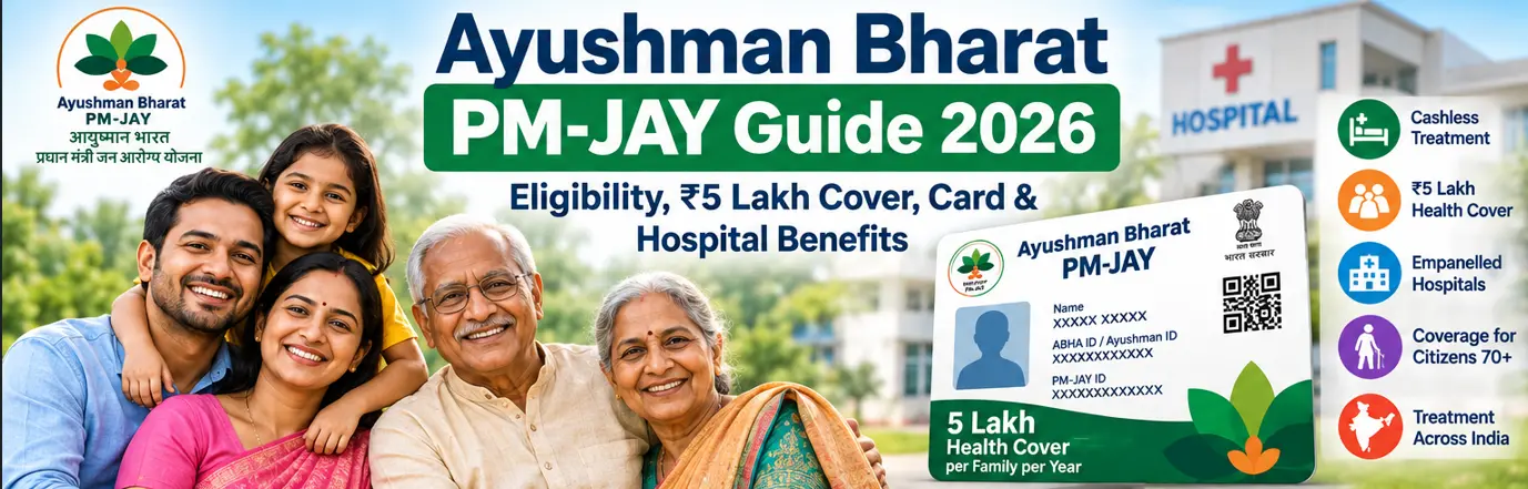 Ayushman Bharat PM-JAY Guide 2026 showing ₹5 lakh health cover, eligibility and hospital benefits