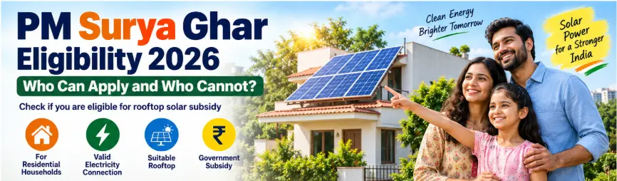 PM Surya Ghar Eligibility 2026 showing who can apply for rooftop solar subsidy and who cannot