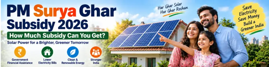 PM Surya Ghar Subsidy 2026 showing rooftop solar subsidy amounts and benefits for homeowners