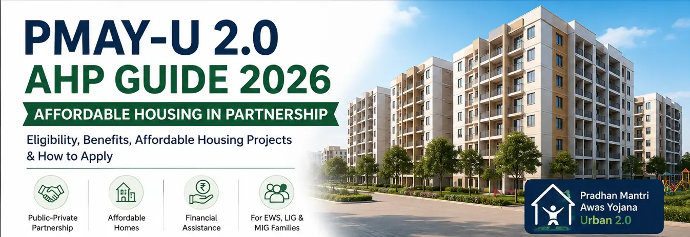PMAY-U 2.0 AHP Guide 2026 showing affordable housing projects, eligibility, benefits and application process under Affordable Housing in Partnership