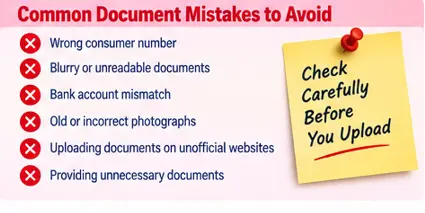 Common PM Surya Ghar document mistakes including wrong consumer number blurry documents and bank mismatch