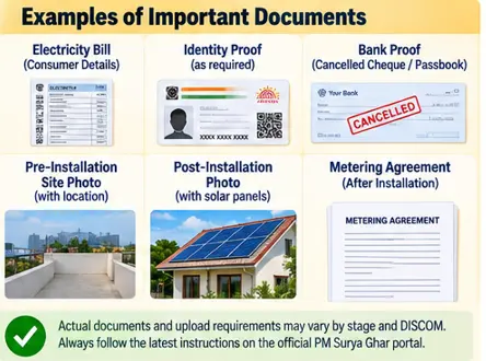 Examples of PM Surya Ghar documents including electricity bill identity proof bank proof and installation photos
