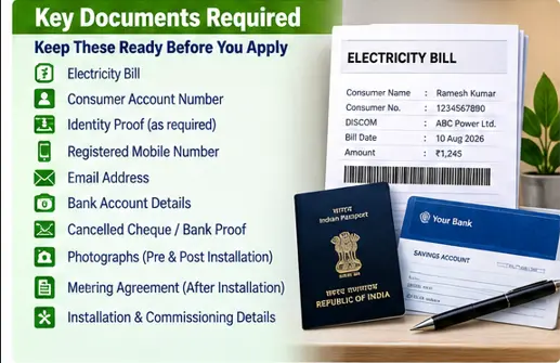 Key documents required for PM Surya Ghar application including electricity bill bank details and identity proof