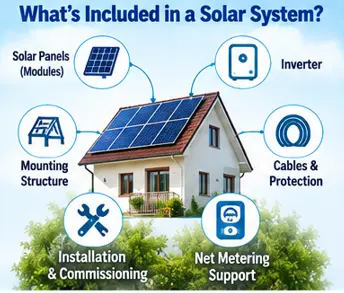 Main components of a residential rooftop solar system including panels inverter and mounting structure