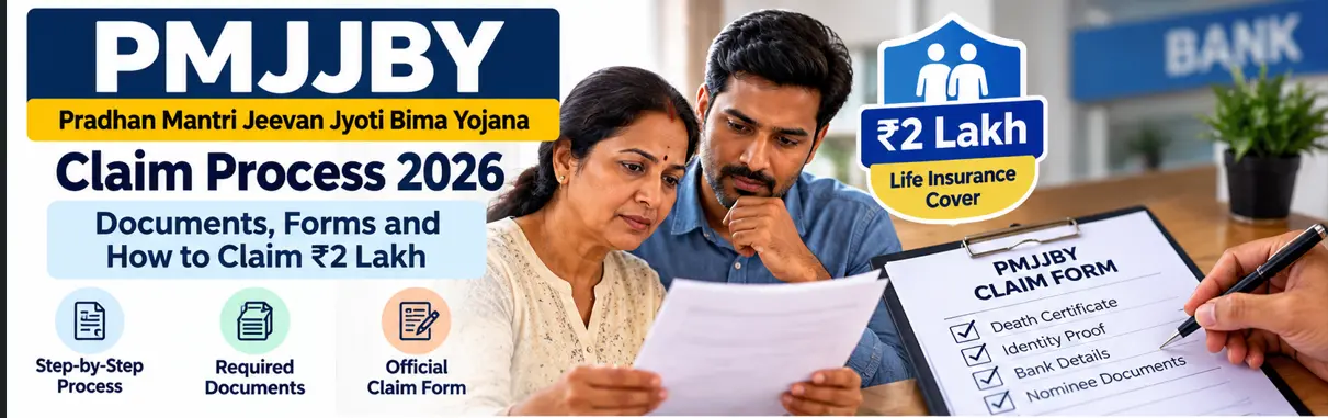 PMJJBY Claim Process 2026 showing the ₹2 lakh life insurance benefit, required documents, official claim form and steps to submit a death claim
