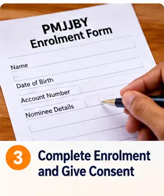 PMJJBY enrolment form showing personal details, bank account information and nominee details