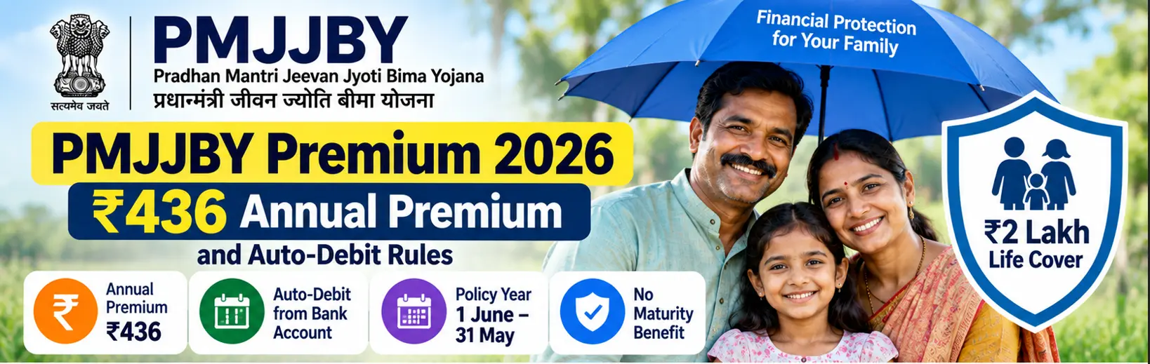 PMJJBY Premium 2026 showing ₹436 annual premium, ₹2 lakh life cover, pro-rata rates and auto-debit rules