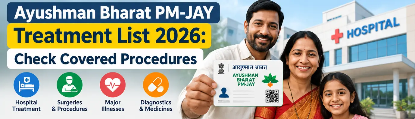 Ayushman Bharat PM-JAY Treatment List 2026 showing covered hospital treatments, surgeries, major illnesses and diagnostic procedures