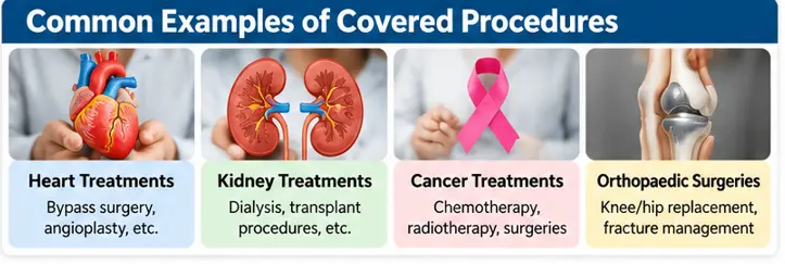 Examples of PM-JAY covered procedures including heart treatment, kidney treatment, cancer care and orthopaedic surgery
