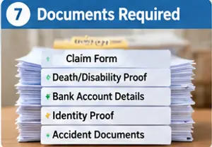 PMSBY claim documents including claim form, death or disability proof, bank account details and identity documents