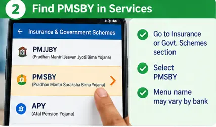 Finding Pradhan Mantri Suraksha Bima Yojana in a bank's insurance or government schemes section