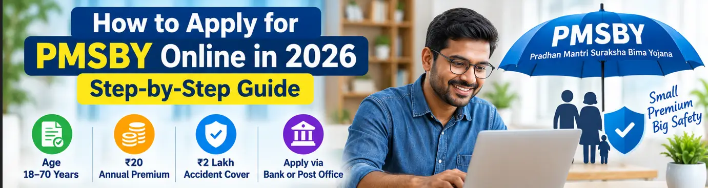 How to Apply for PMSBY Online in 2026 showing bank app enrolment, ₹20 annual premium, eligibility and accident cover