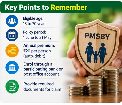 PMSBY eligibility for account holders aged 18 to 70 and annual cover period from 1 June to 31 May