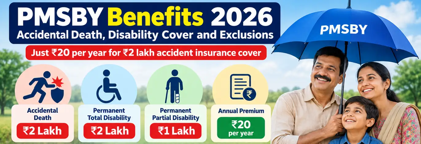 PMSBY Benefits 2026 showing ₹2 lakh accidental death and total disability cover, ₹1 lakh partial disability cover, ₹20 annual premium and key exclusions
