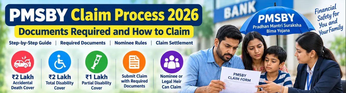 PMSBY Claim Process 2026 showing claim steps, required documents, nominee rules and accident insurance benefits