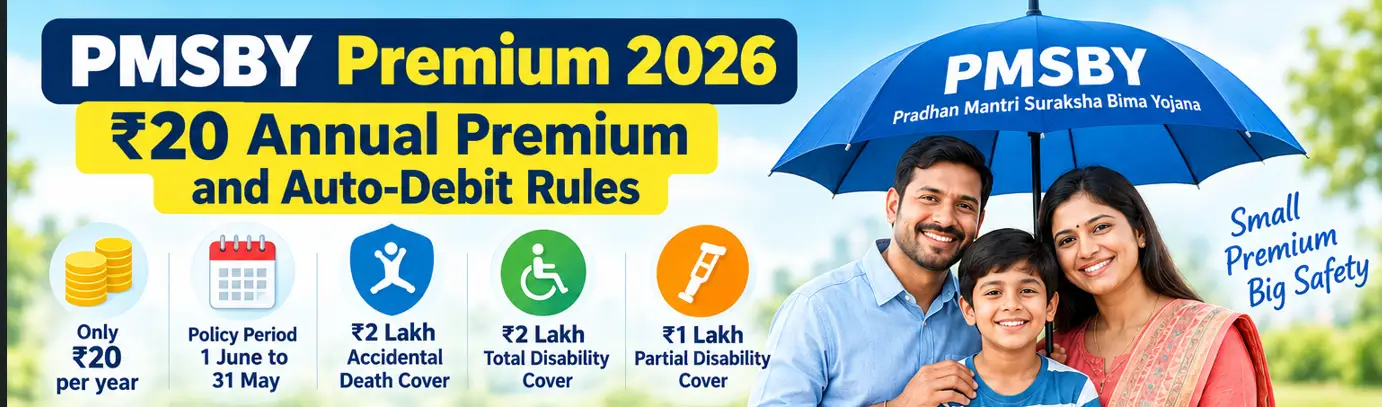 PMSBY Premium 2026 showing the ₹20 annual premium, auto-debit rules, policy period and accident insurance benefits