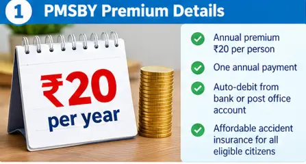 PMSBY annual premium of ₹20 per person with auto-debit from an eligible bank or post office account
